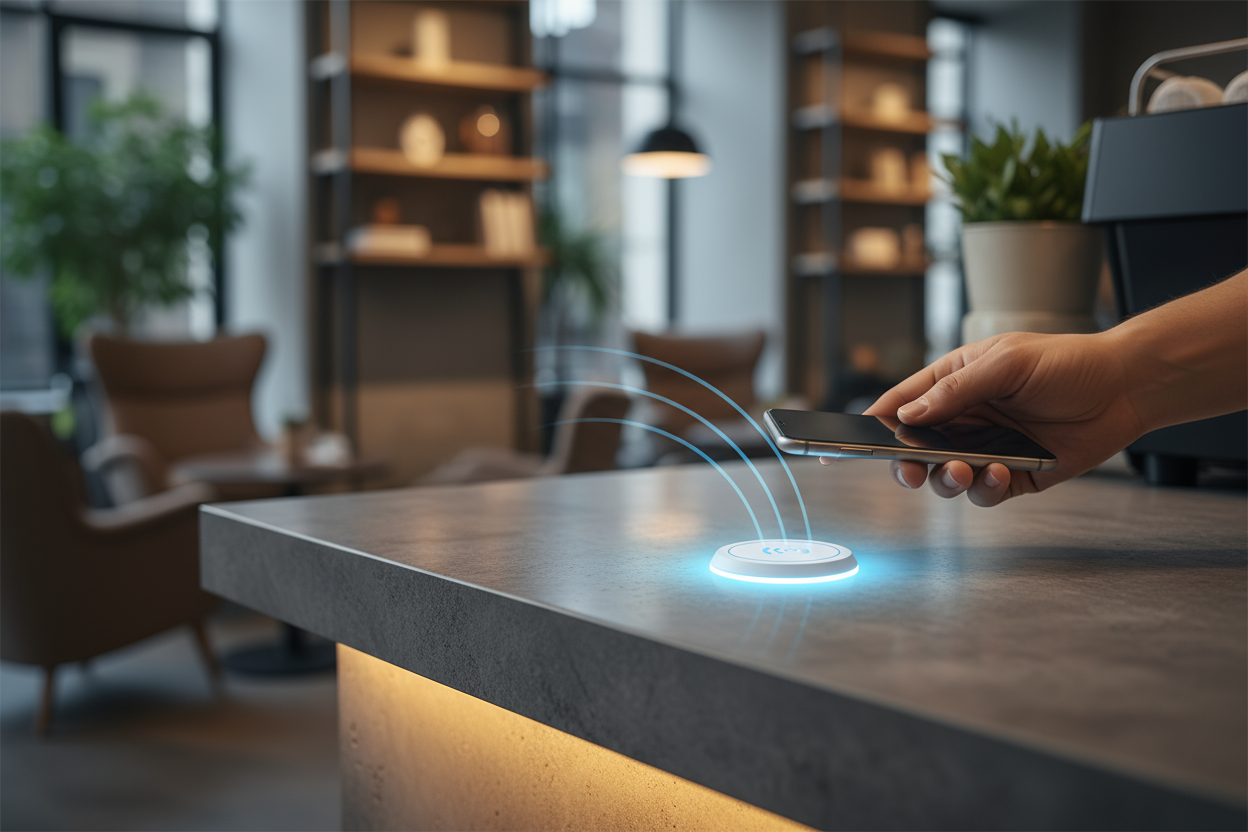 Une main approche un smartphone d’un badge NFC rond posé sur un comptoir moderne. Le badge émet une douce lueur bleutée. On voit les ondes NFC autour du téléphone, prêtes à se connecter. Fond flou d’un café ou d’un bureau, lumière chaude et ambiance technologique élégante. Rendu photo ultra réaliste, profondeur de champ, style professionnel, 4K. --ar 1:1 --style cinematic --q 2 --v 6 --uplight